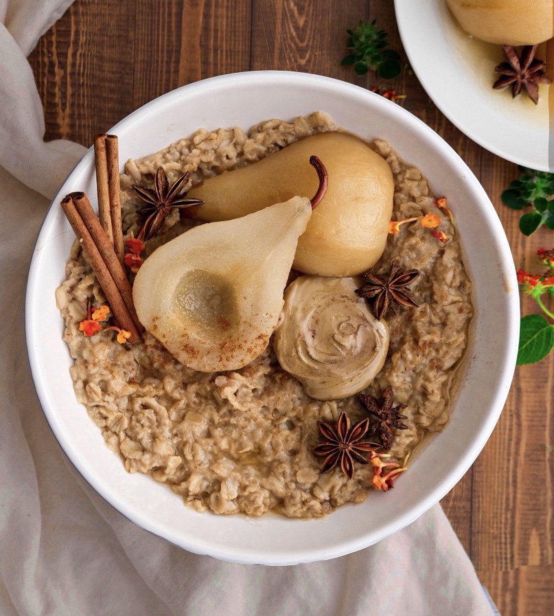 chai poached pear oatmeal recipe&rdquo; class=