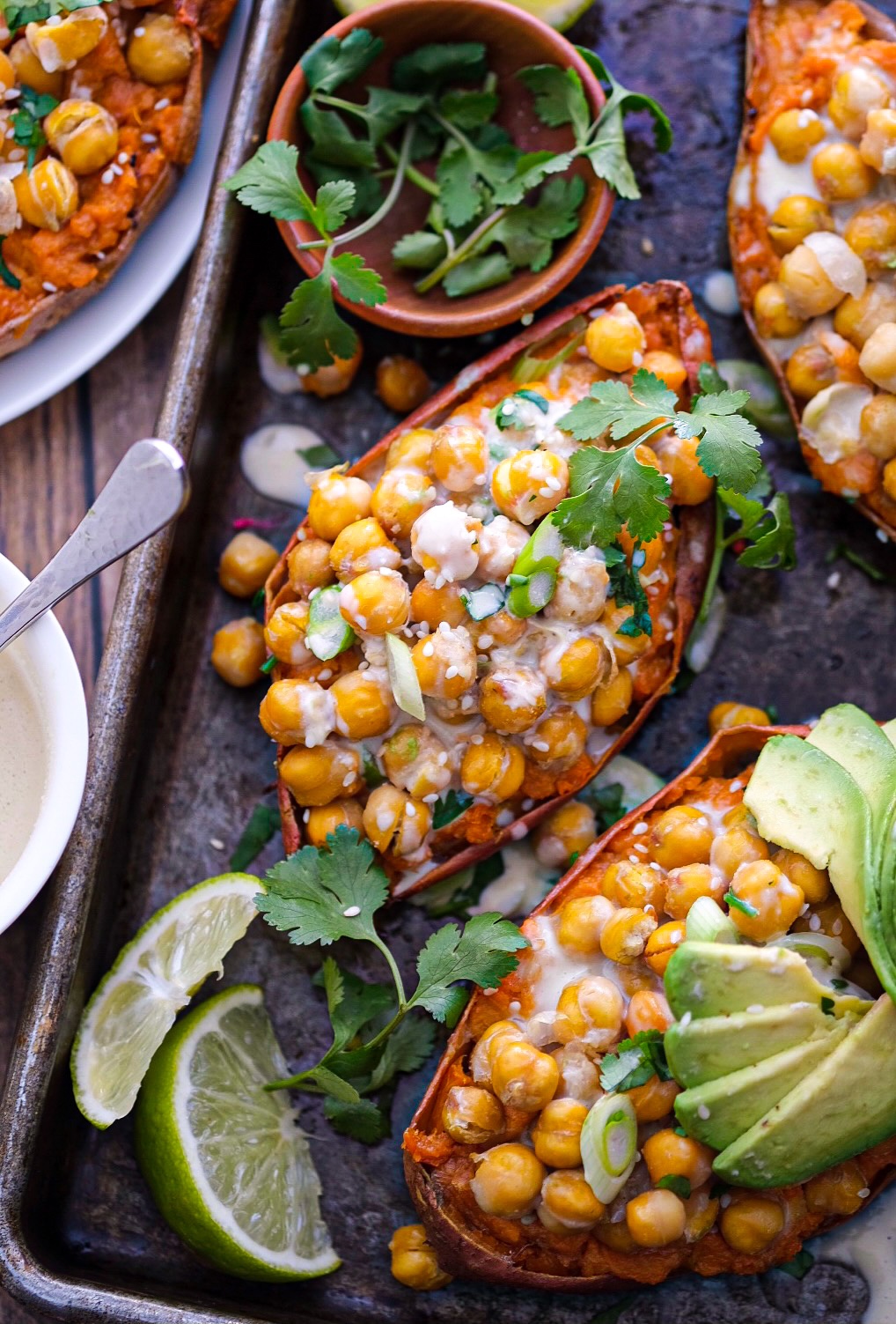 Vegan  maple tahini twice  baked sweet potatoes with crispy chickpeas