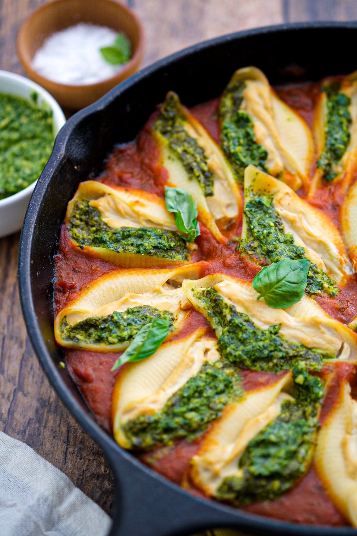 Vegan skillet stuffed shells and easy basil pesto photography