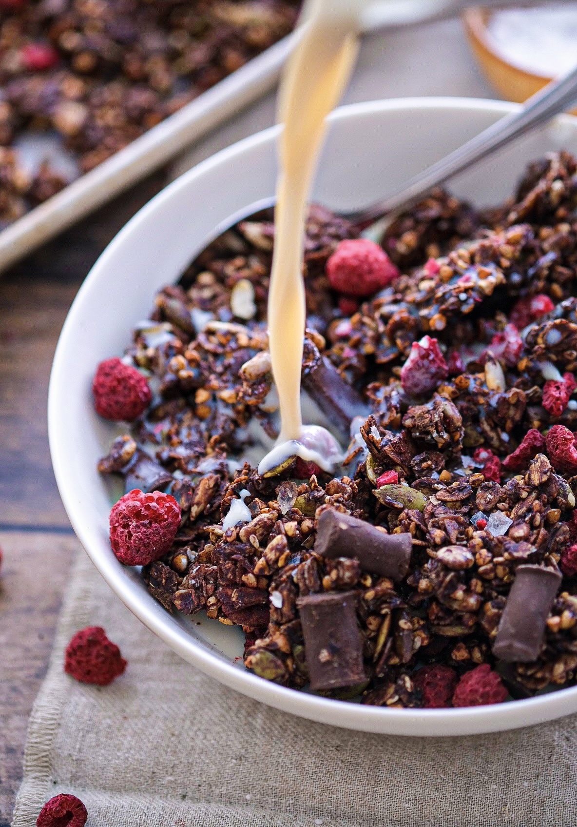 Nut free raspberry chocolate chunk granola