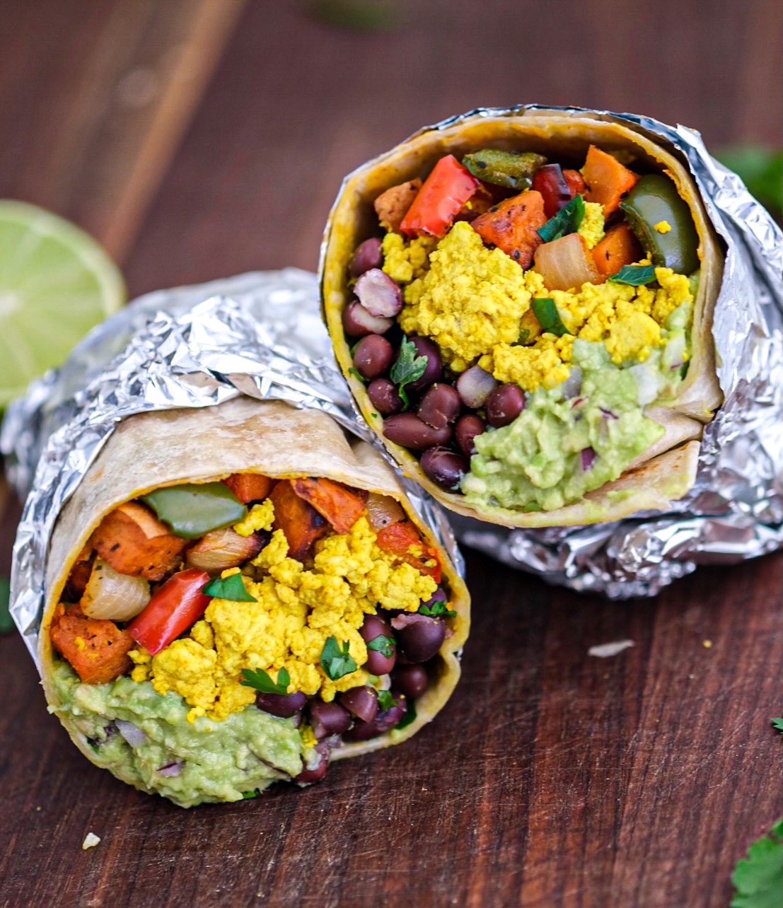 Vegan sweet potato hash tofu scramble breakfast burrito