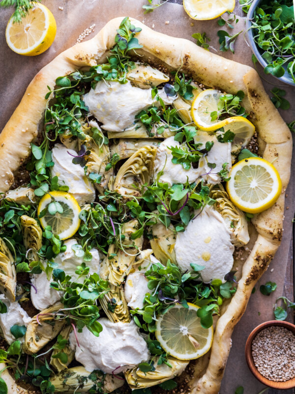Vegan lemon artichoke za'atar flatbred