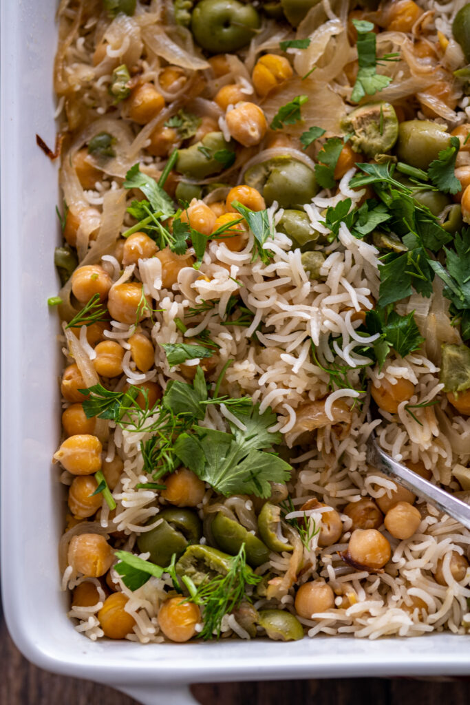 baked rice with chickpeas and crispy tofu feta