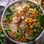 Baked rice with chickpeas and crispy tofu feta