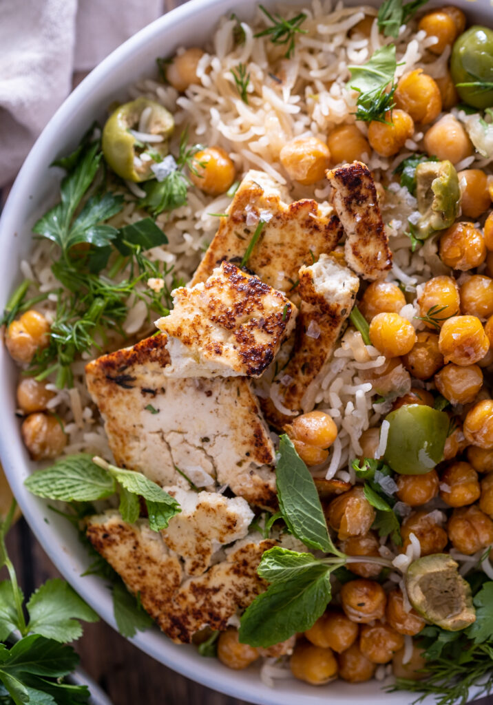 baked rice with chickpeas and crispy tofu feta