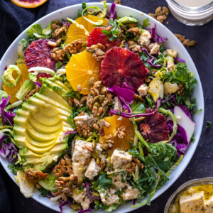 Superfood citrus salad with tofu feta and crunchy seeds