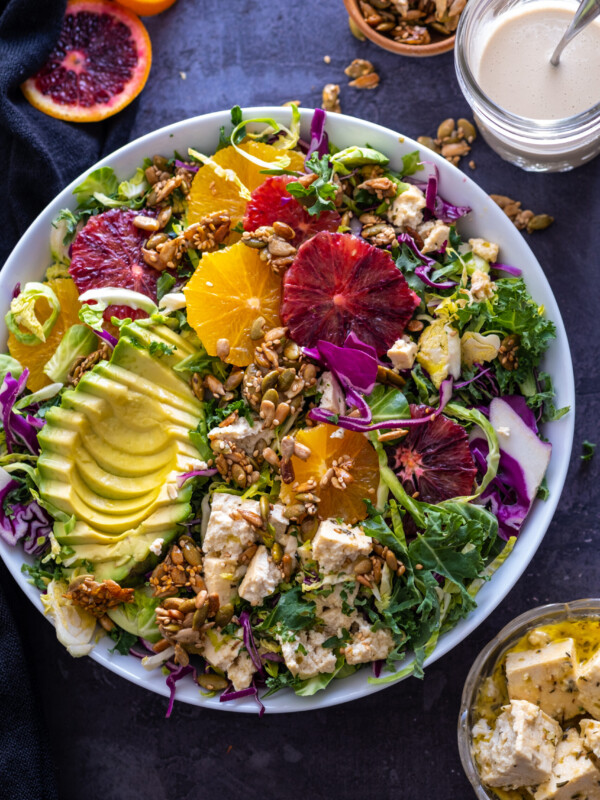 Superfood citrus salad with tofu feta and crunchy seeds