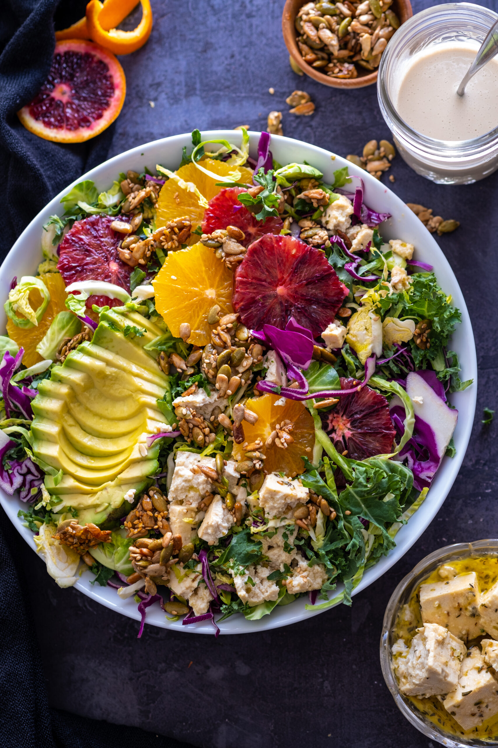 Superfood citrus salad with tofu feta and crunchy seeds