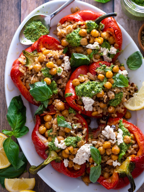 Italian stuffed peppers with sun-dried tomatoes and sunflower basil pesto