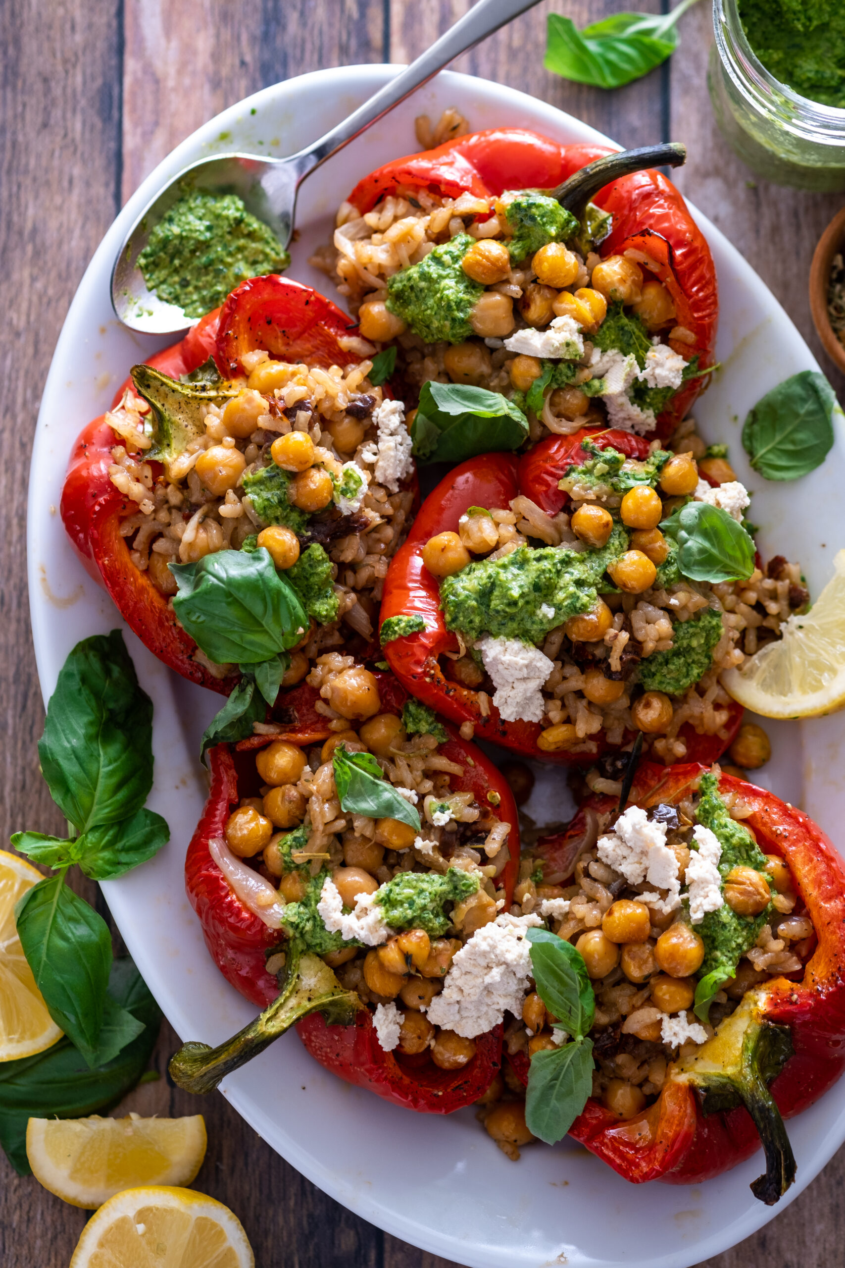 Italian stuffed peppers with sun-dried tomatoes and sunflower basil pesto