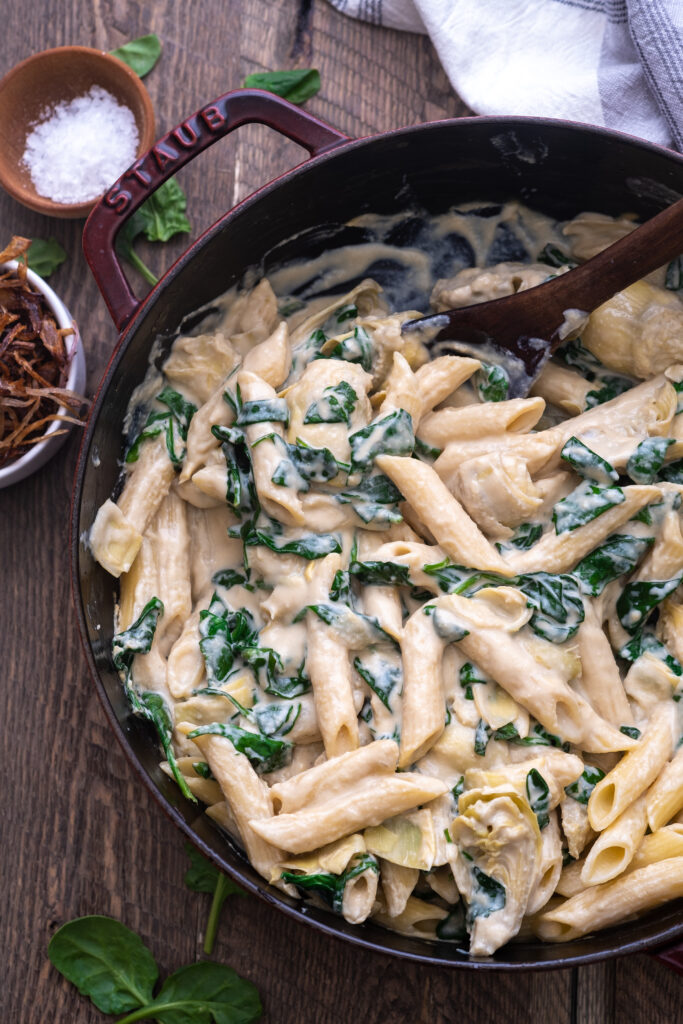 Vegan spinach artichoke pasta recipe
