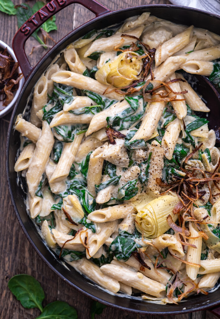 Vegan spinach artichoke pasta