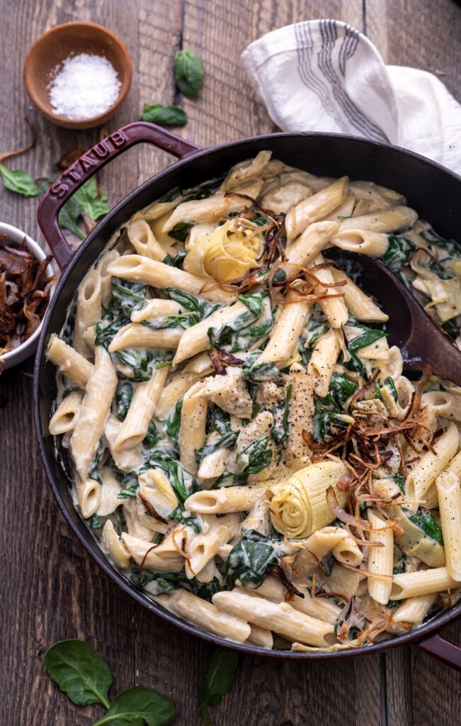 Vegan spinach artichoke pasta