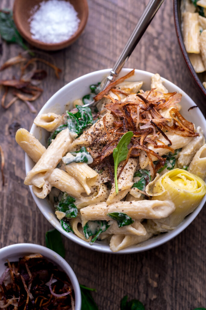 Vegan spinach artichoke pasta recipe
