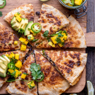 Brazilian Black Bean quesadilla with mango chimichurri