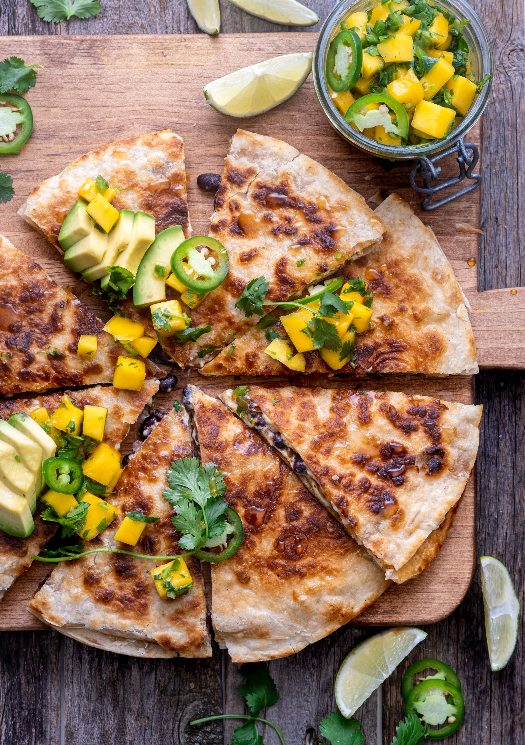 Brazilian Black Bean quesadilla with mango chimichurri