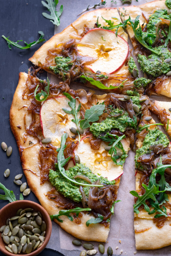 Apple Flatbread with Caramelized Onions and Arugula Pesto