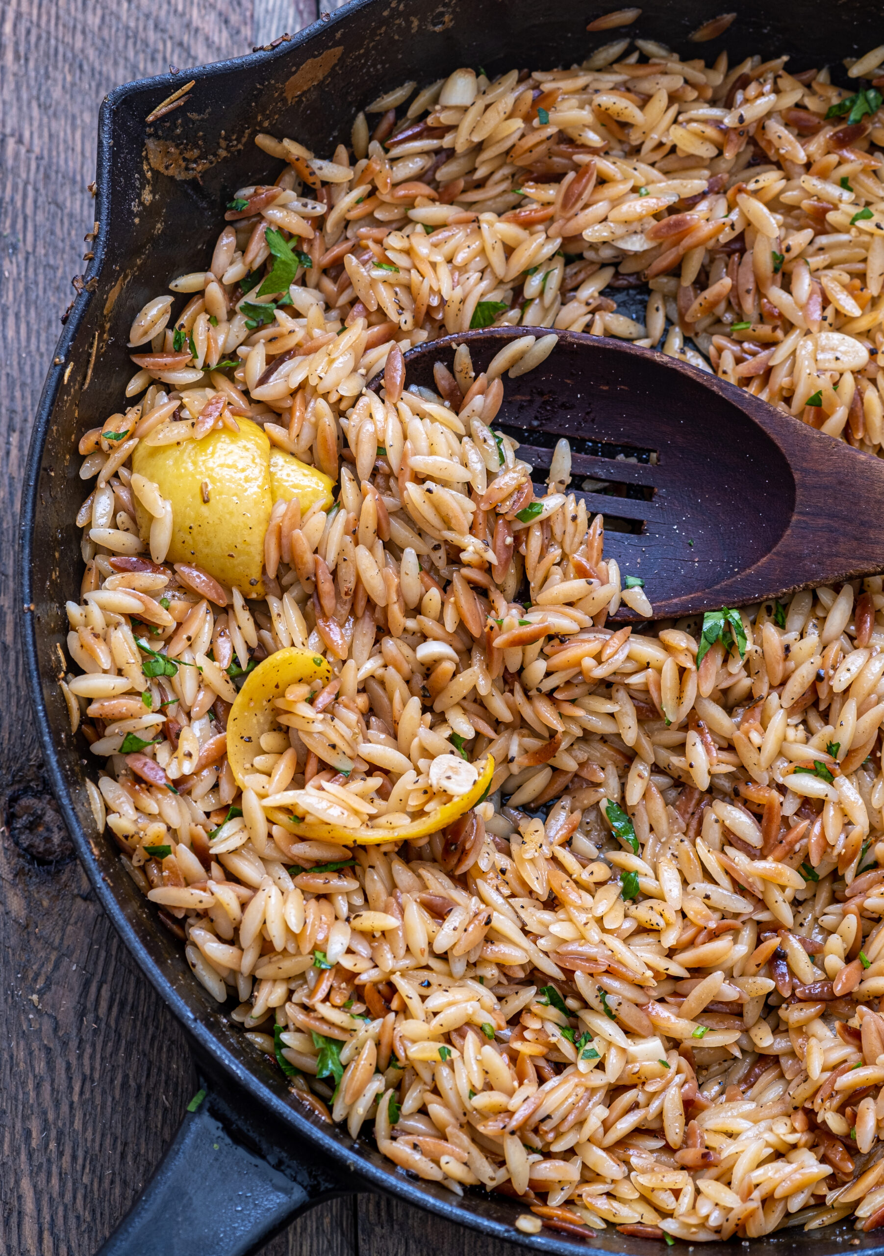 Toasted lemon pepper orzo with crispy chickpeas 