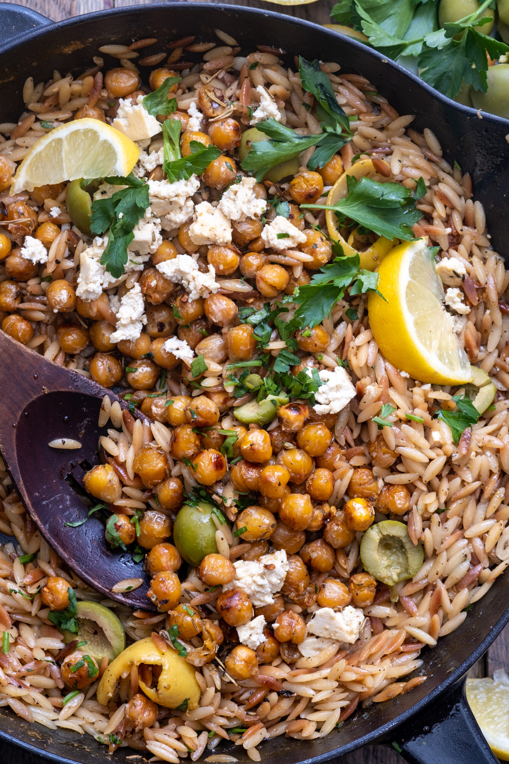 Toasted lemon pepper orzo with crispy chickpeas 