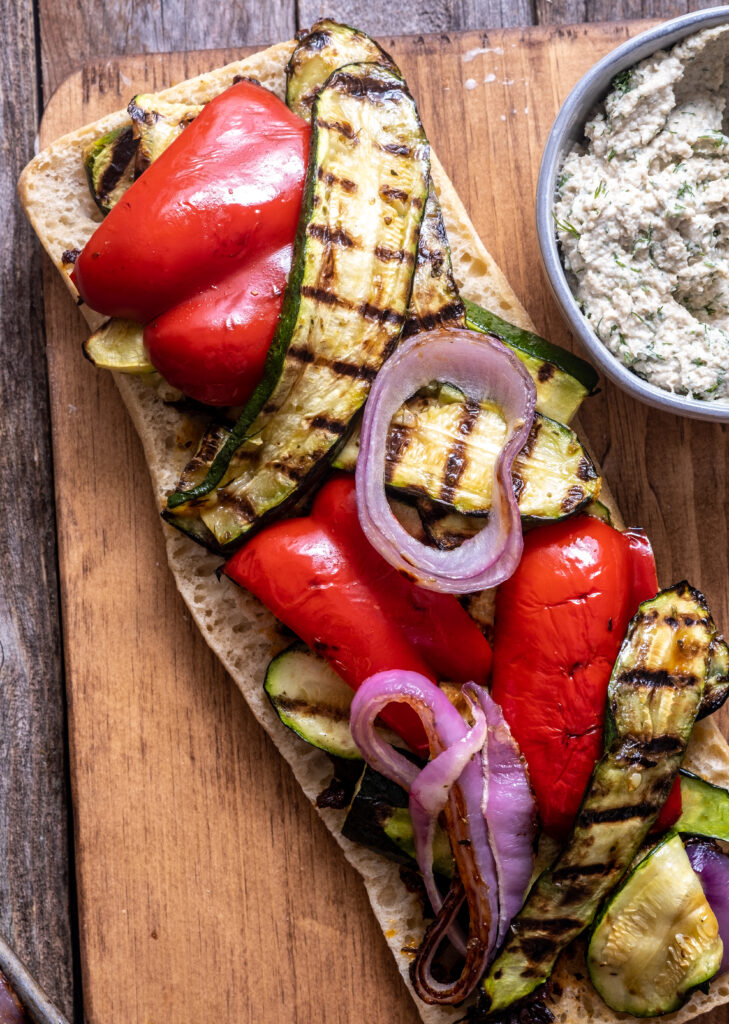 grilled vegetable sandwich with herbed sunflower ricotta
