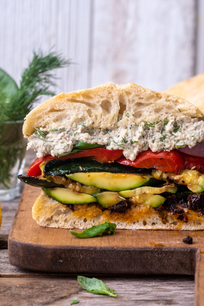 grilled vegetable sandwich with herbed sunflower ricotta