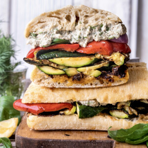 grilled vegetable sandwich with herbed sunflower ricotta