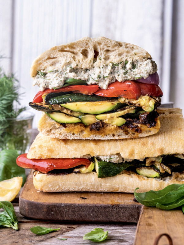 grilled vegetable sandwich with herbed sunflower ricotta