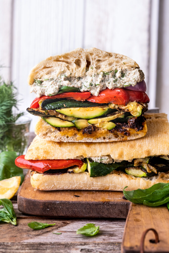 grilled vegetable sandwich with herbed sunflower ricotta