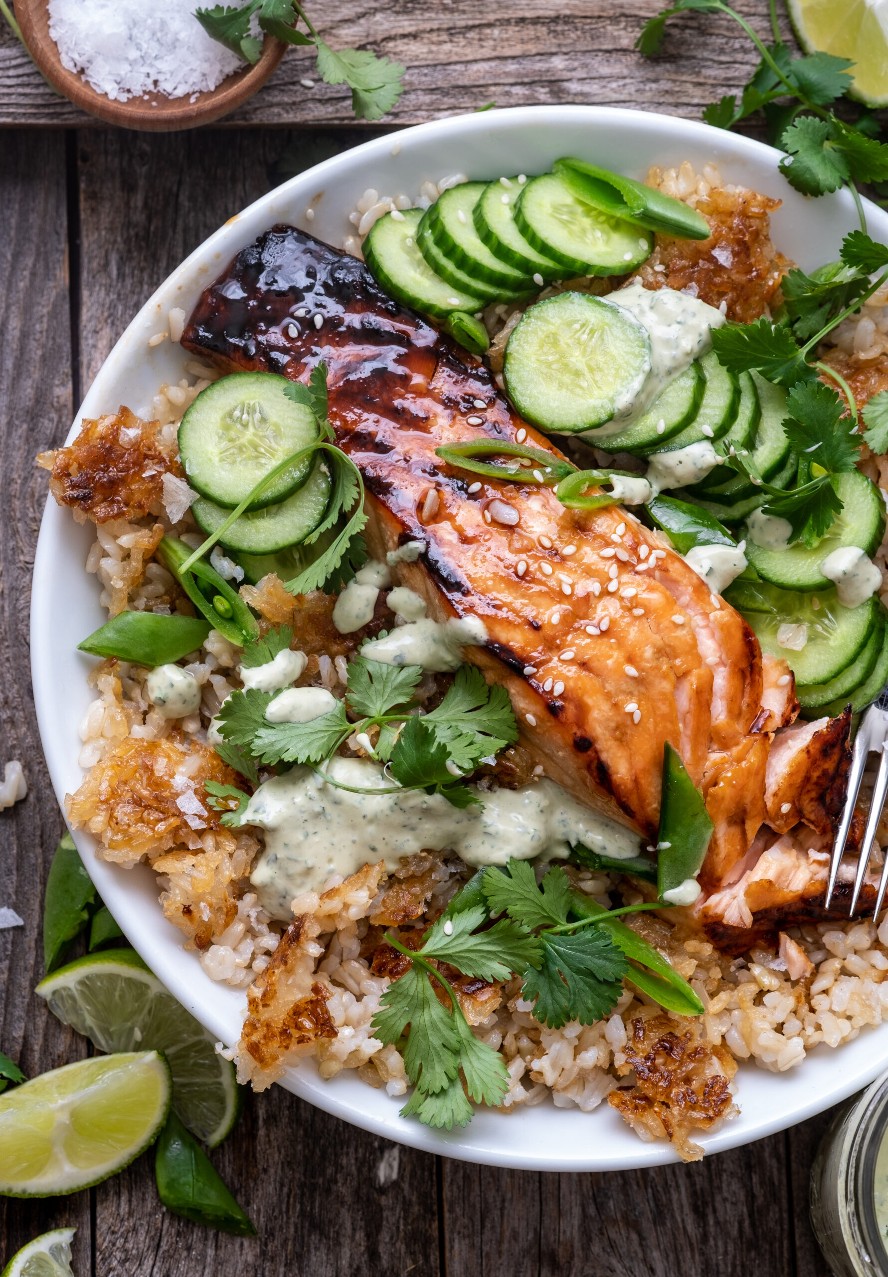 Crunchy Brown Rice Salmon Bowls with Herbed Tahini Dressing 