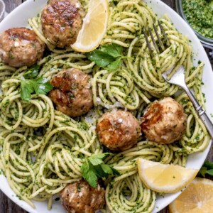 kale pesto pasta with lemony meatballs