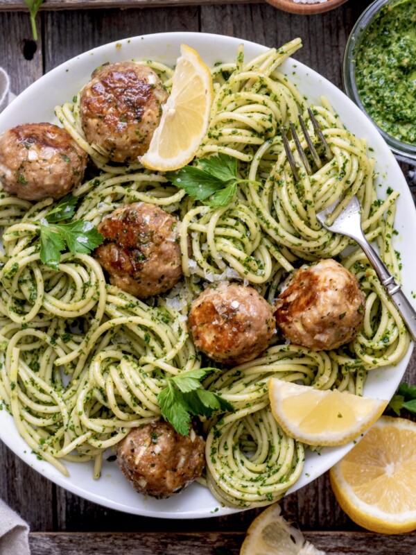 kale pesto pasta with lemony meatballs