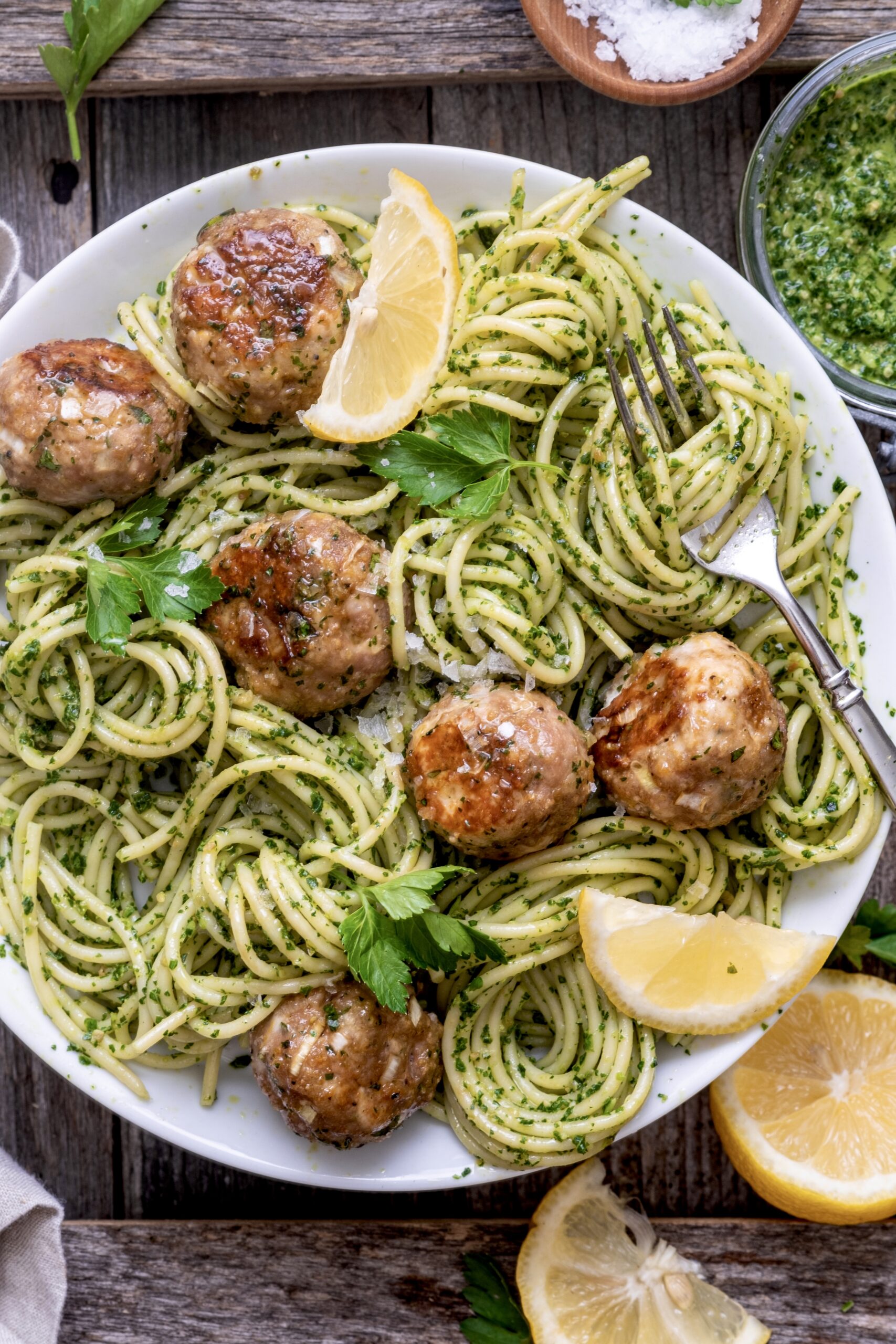 Kale pesto pasta with Lemony Meatballs