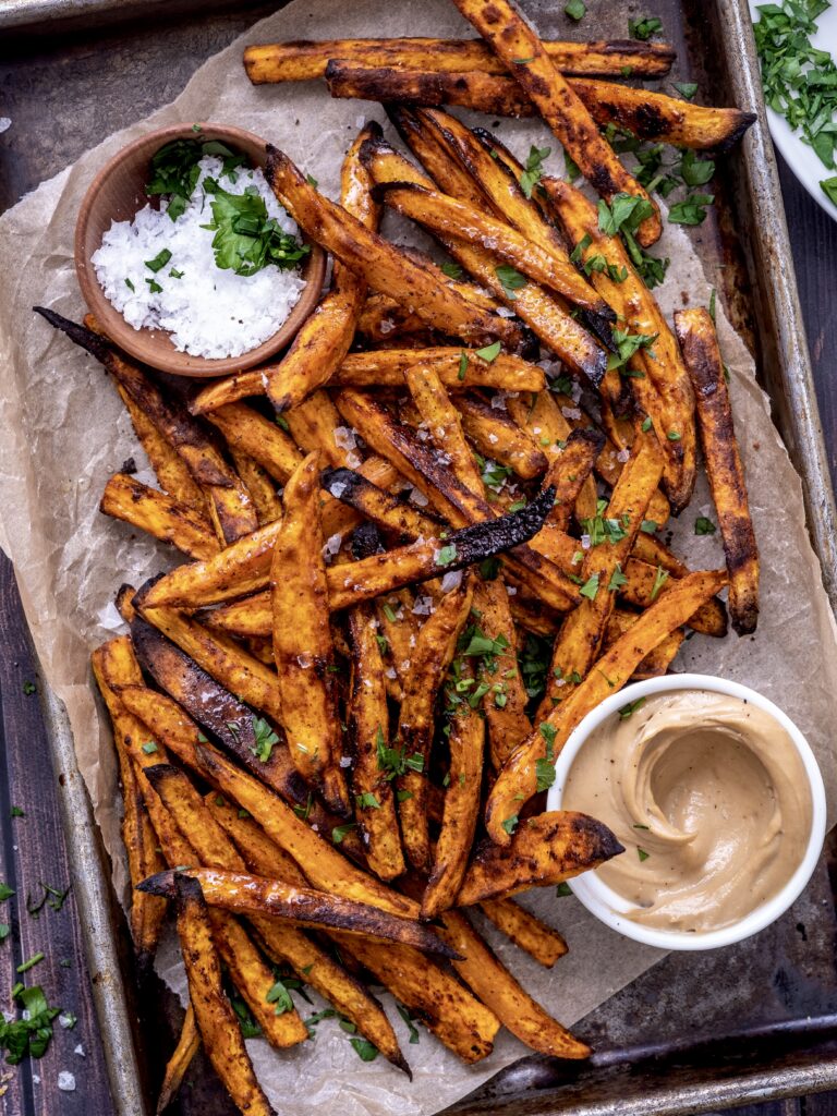 Smoky oven baked sweet potato fries with tahini