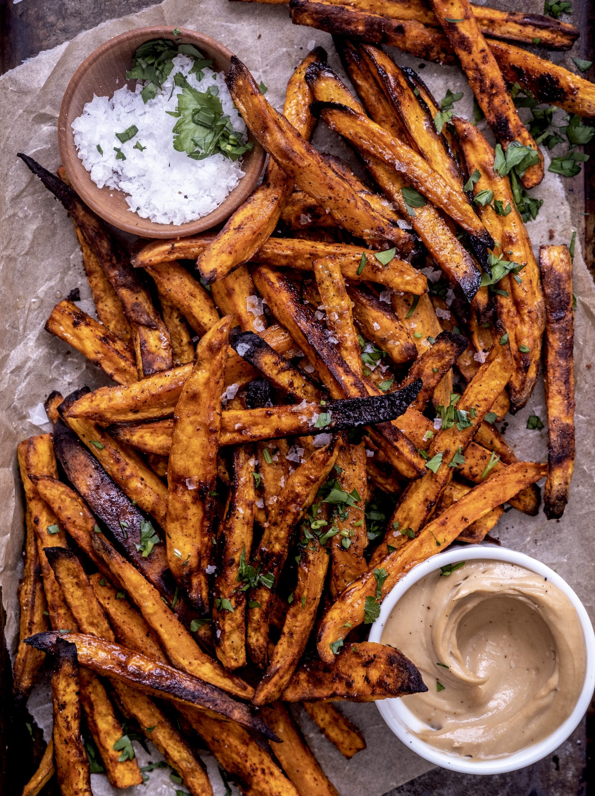 smoky oven baked sweet potato fries with maple tahini sauce