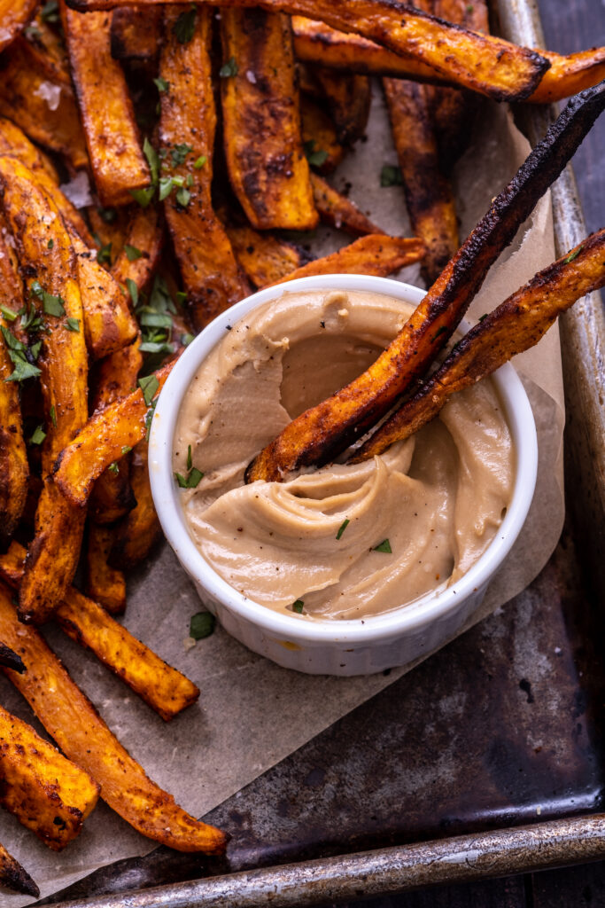 Smoky oven baked sweet potato fries with tahini
