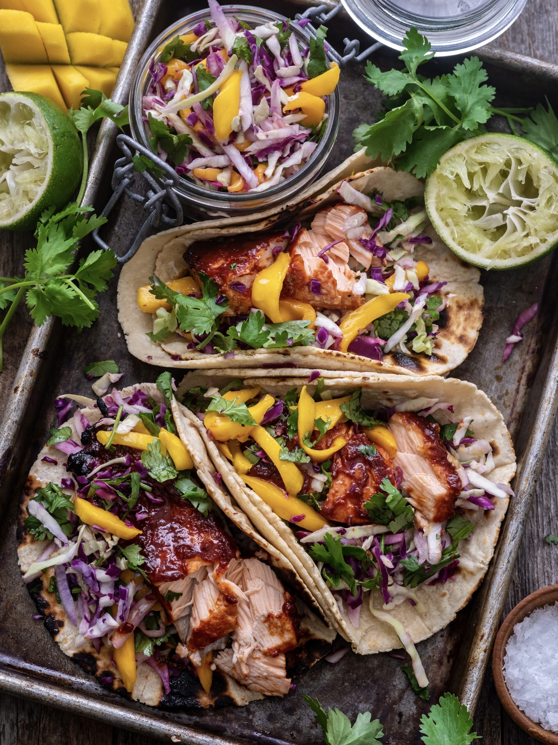 Honey BBQ Salmon Tacos with Mango Slaw