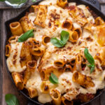 Baked vegan rigatoni bolognese