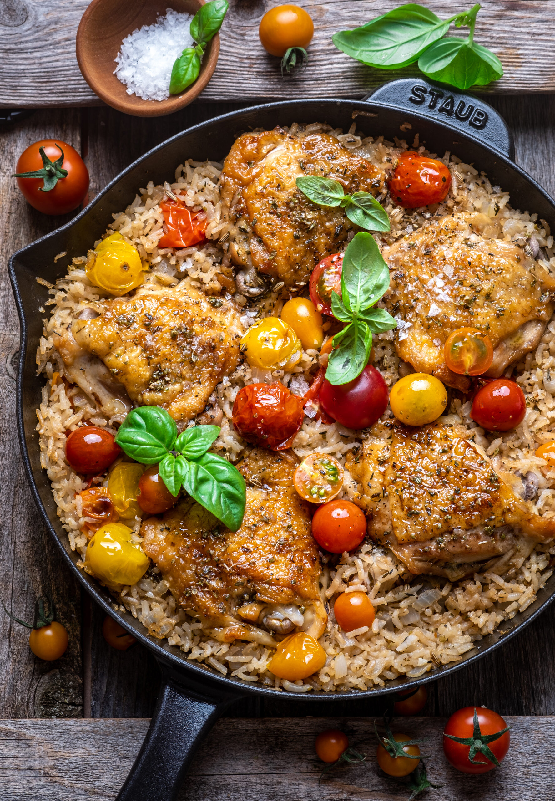 Burst Cherry Tomato Chicken and Rice Skillet