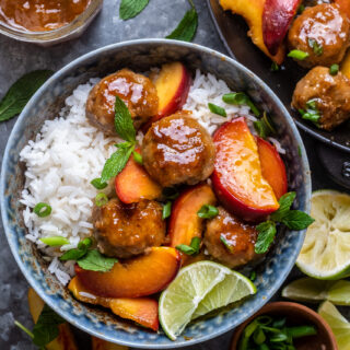 Ginger peach meatballs with coconut rice