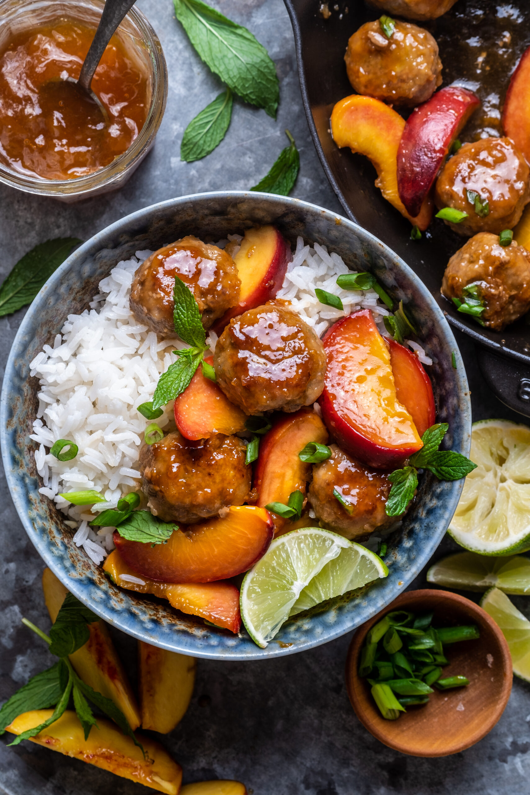 Ginger peach meatballs with coconut rice