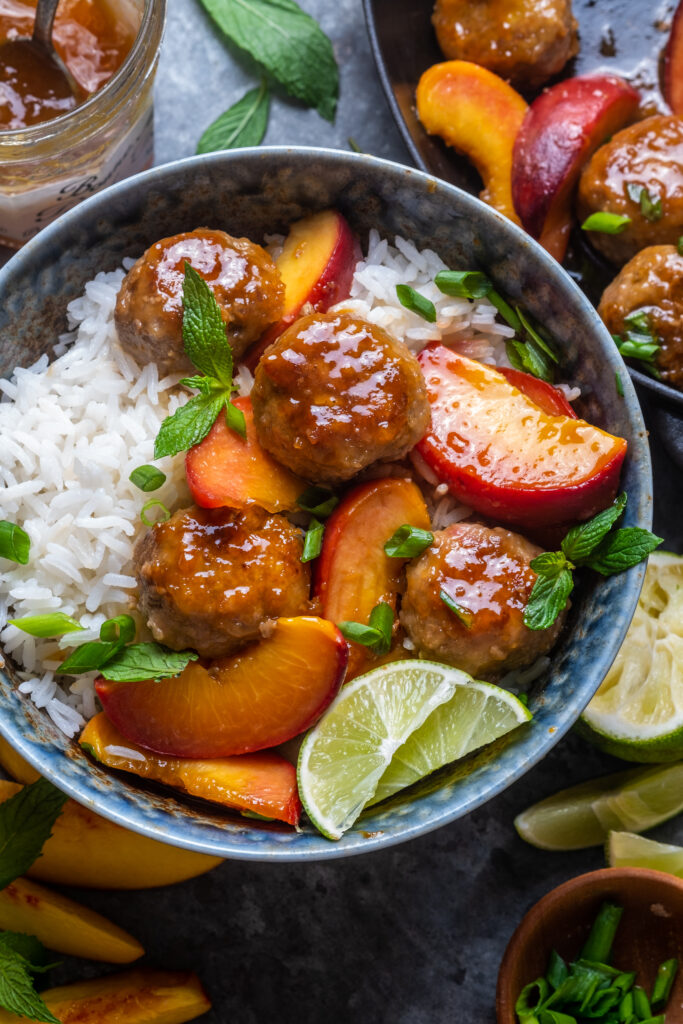 Ginger Peach Meatballs with Coconut Rice