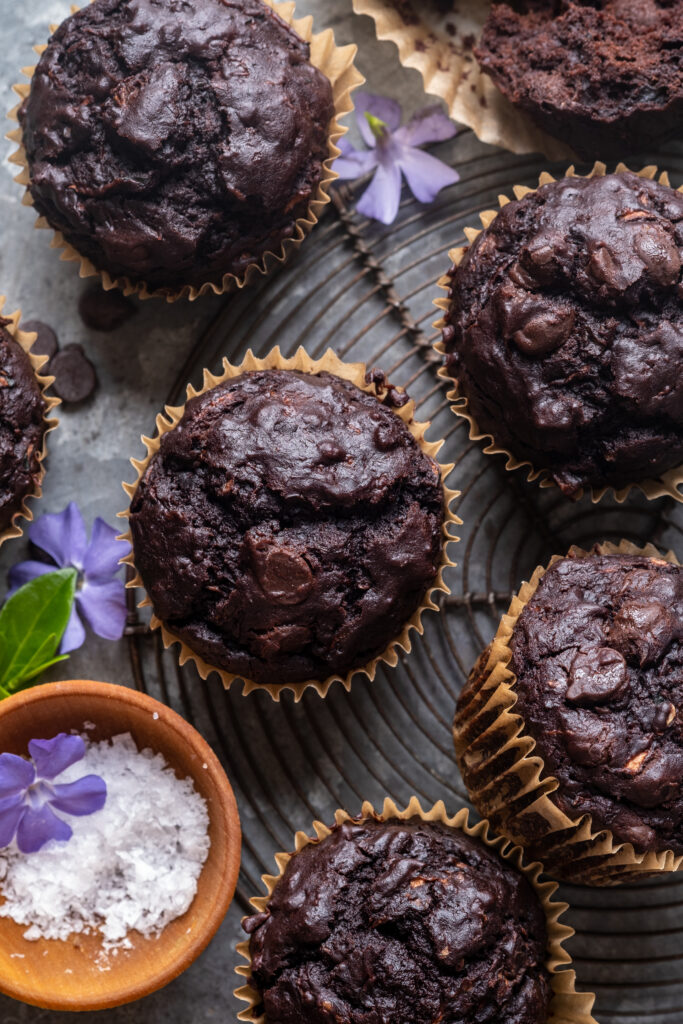 vegan double chocolate olive oil zucchini muffins