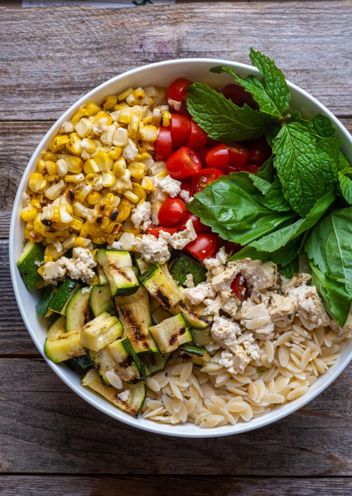 Lemon Basil Orzo Salad with Grilled Corn and Zucchini