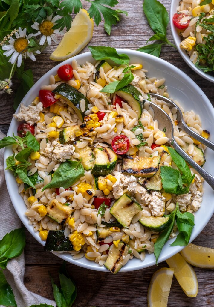 Lemon Basil Orzo Salad with Grilled Corn