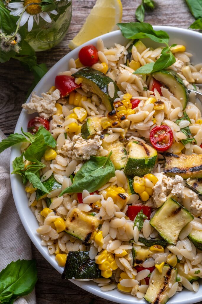 Lemon Basil Orzo Salad with Grilled Corn and Zucchini