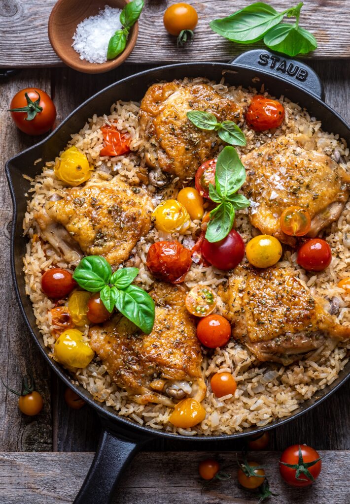 Burst Cherry Tomato Chicken and Rice Skillet