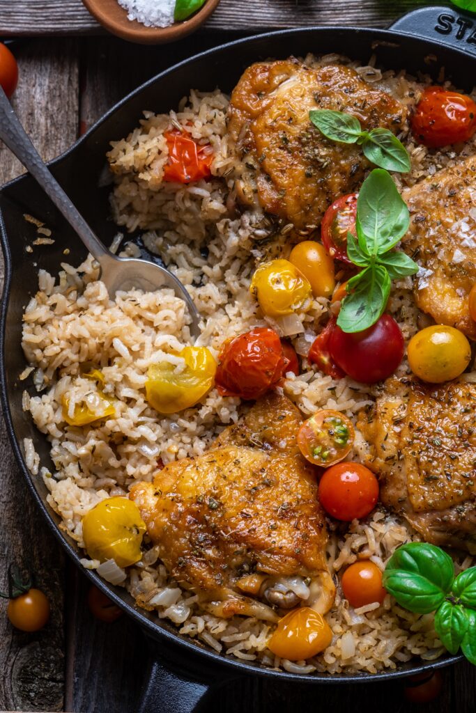 Burst Cherry Tomato Chicken and Rice Skillet