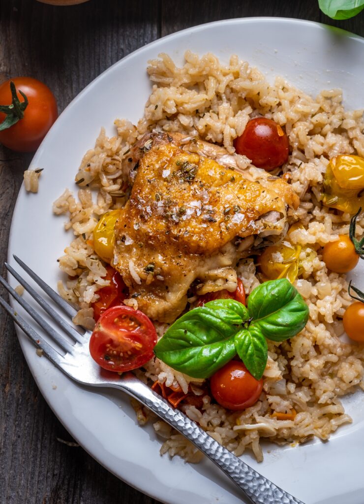 Burst Cherry Tomato Chicken and Rice Skillet