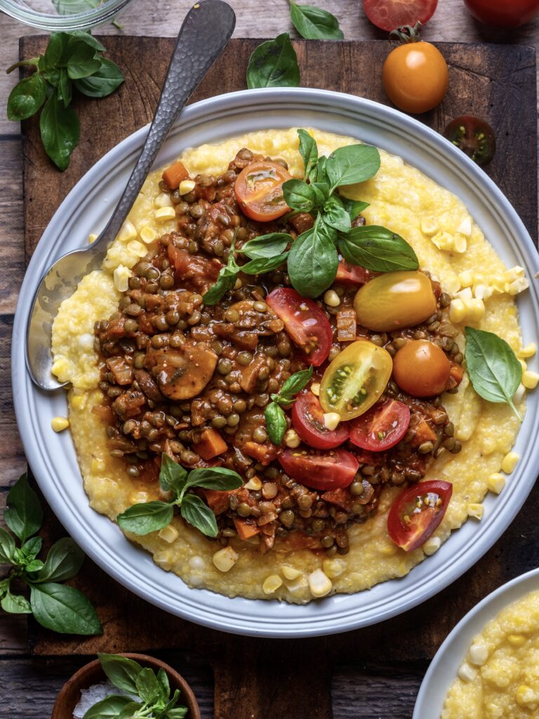 Balsamic Lentil Ragu with Sweet Corn Polenta