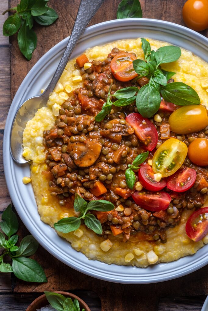 Balsamic Lentil Ragu with Sweet Corn Polenta